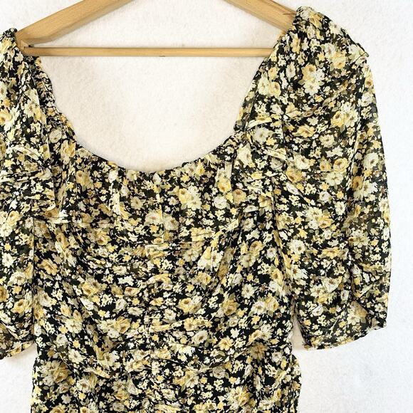 ASTR x Revolve Womens Sheer‎ Mesh Ruched Floral Dress Sz M Dark Cottage Romantic - Picture 2 of 16